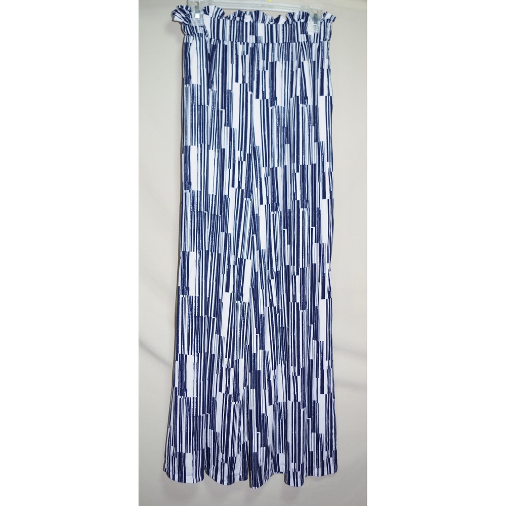 Robert Louis Women S Blue White Geometric Stripe Wide Leg Paperbag Waist Pants
